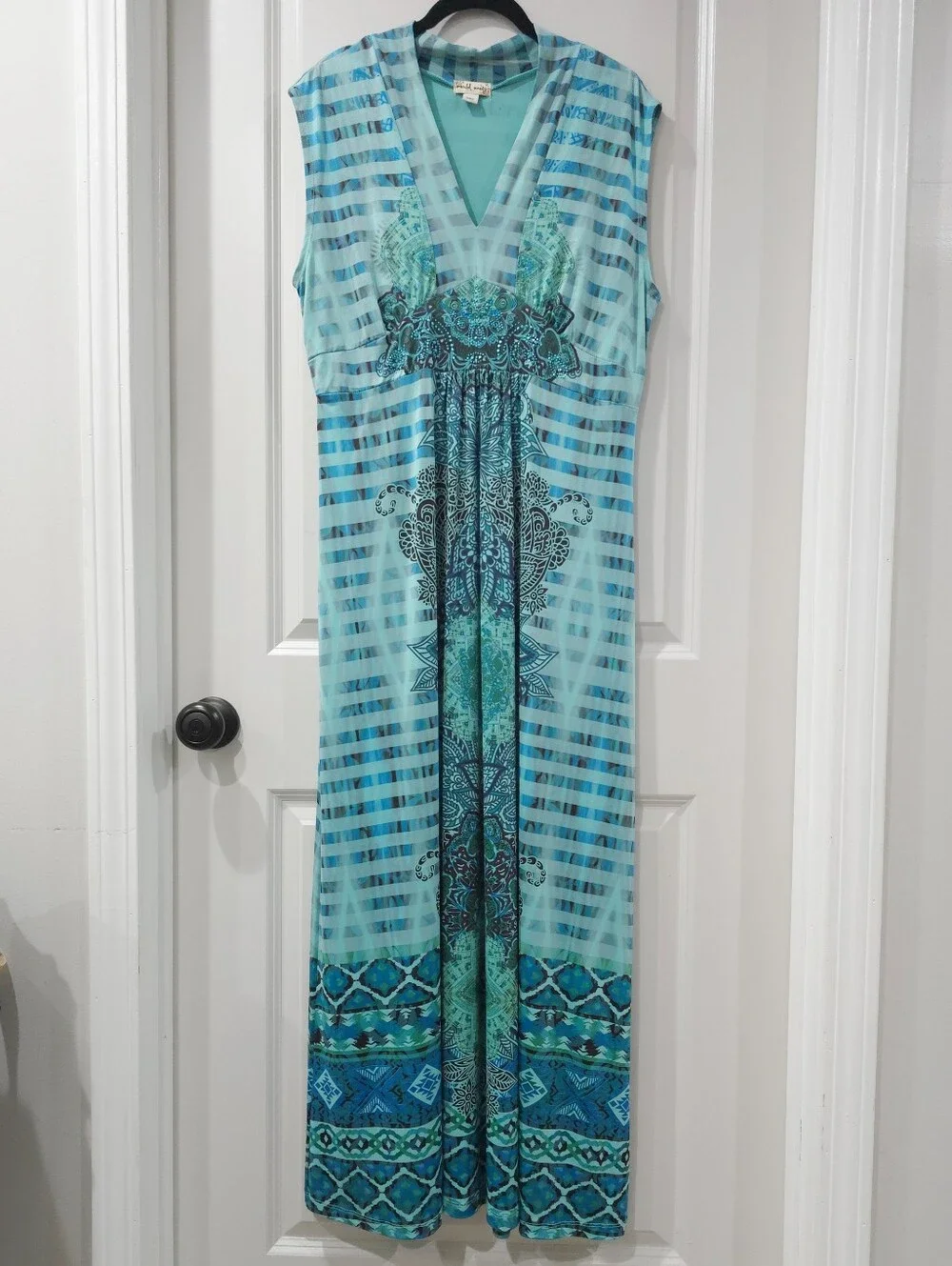 WORLD UNITY Boho Summer Resort Sleeveless V-Neck Maxi Dress, Stretchy, Size XL - Picture 2 of 15